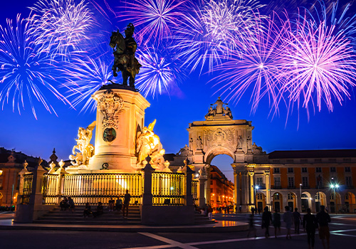 Commerce Square in Lisbon, at night with fireworks